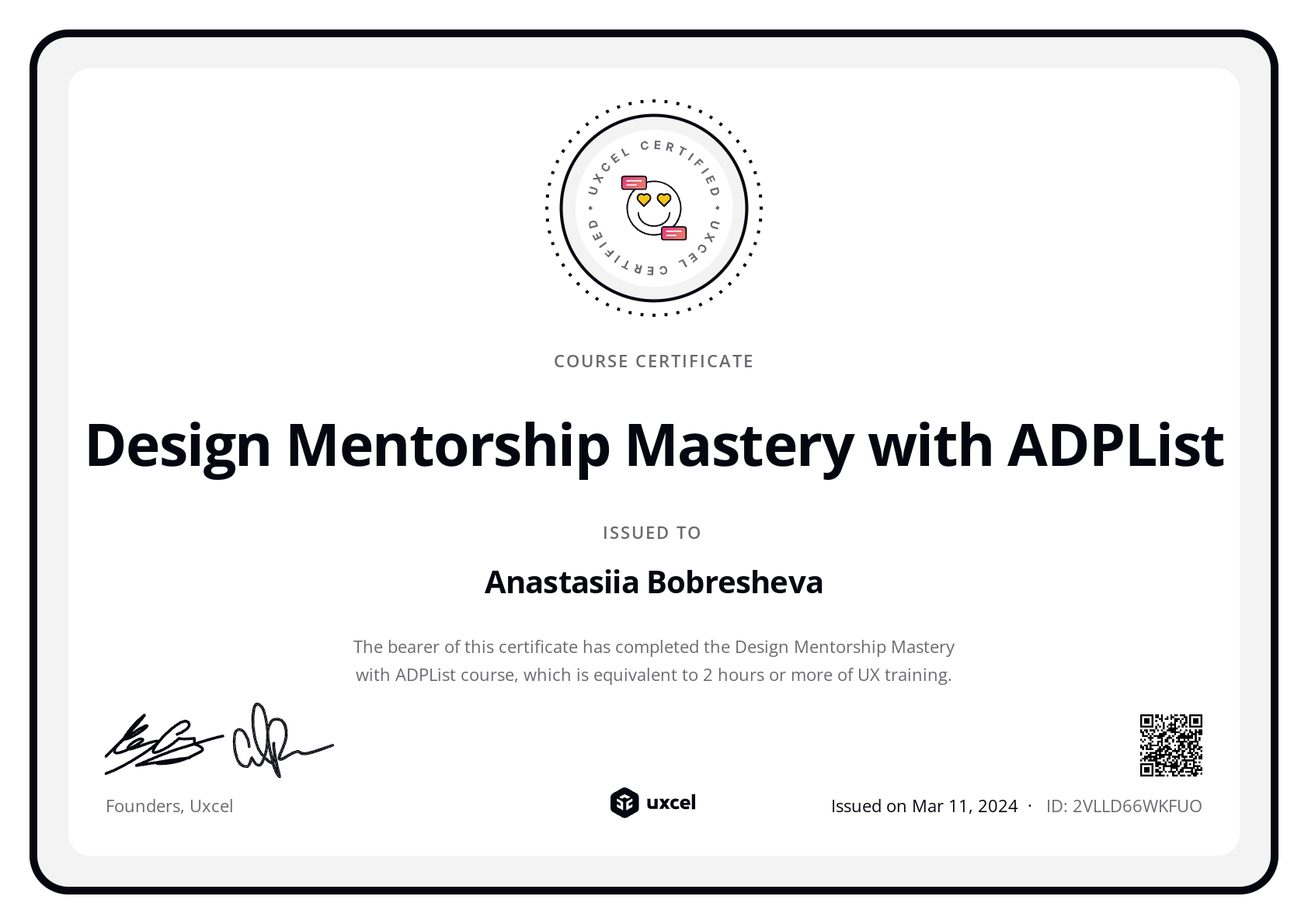 Anastasiia Bobresheva's certificate